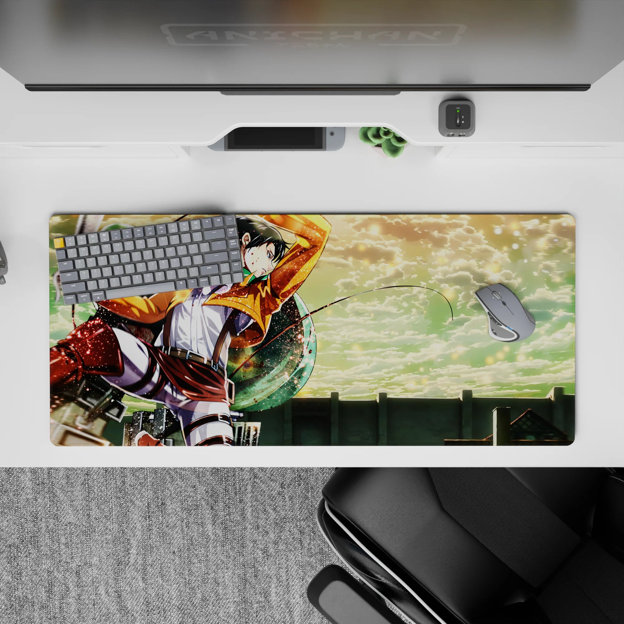 Attack on Titan Levi anime desk pad, 36x16 inches, vibrant sky scene with Levi soaring through golden clouds, dynamic energy.