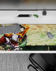 Attack on Titan Levi anime desk pad, 36x16 inches, vibrant sky scene with Levi soaring through golden clouds, dynamic energy.