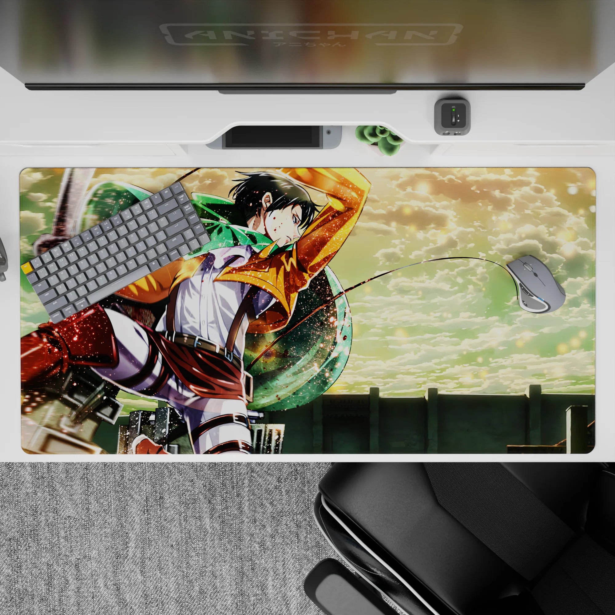 Attack on Titan desk pad 40x20 inches featuring Levi soaring through vibrant sky, with rich oranges and greens.