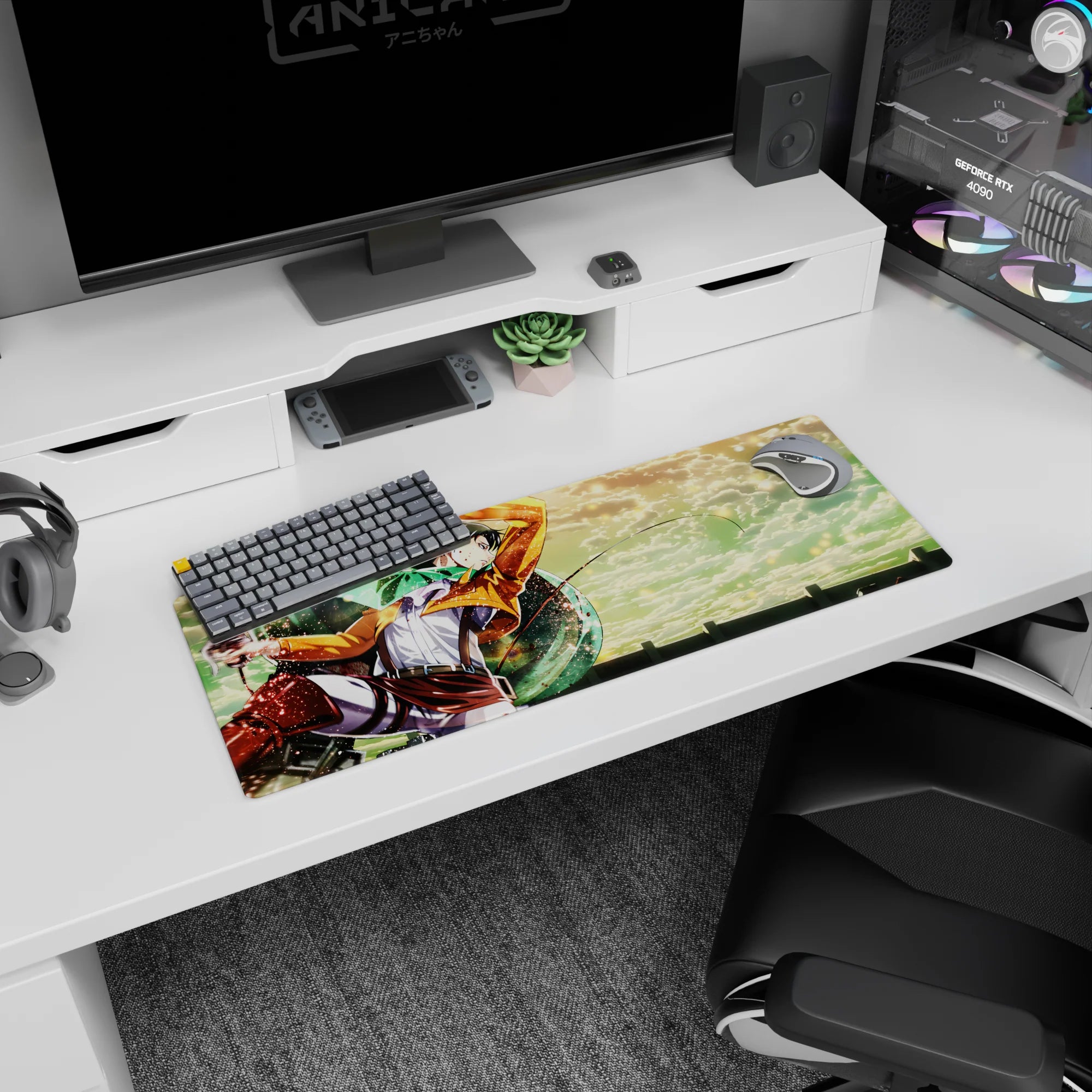 Anime mouse pad 32x12 inches featuring Levi from Attack on Titan soaring through vibrant skies, capturing kinetic energy.