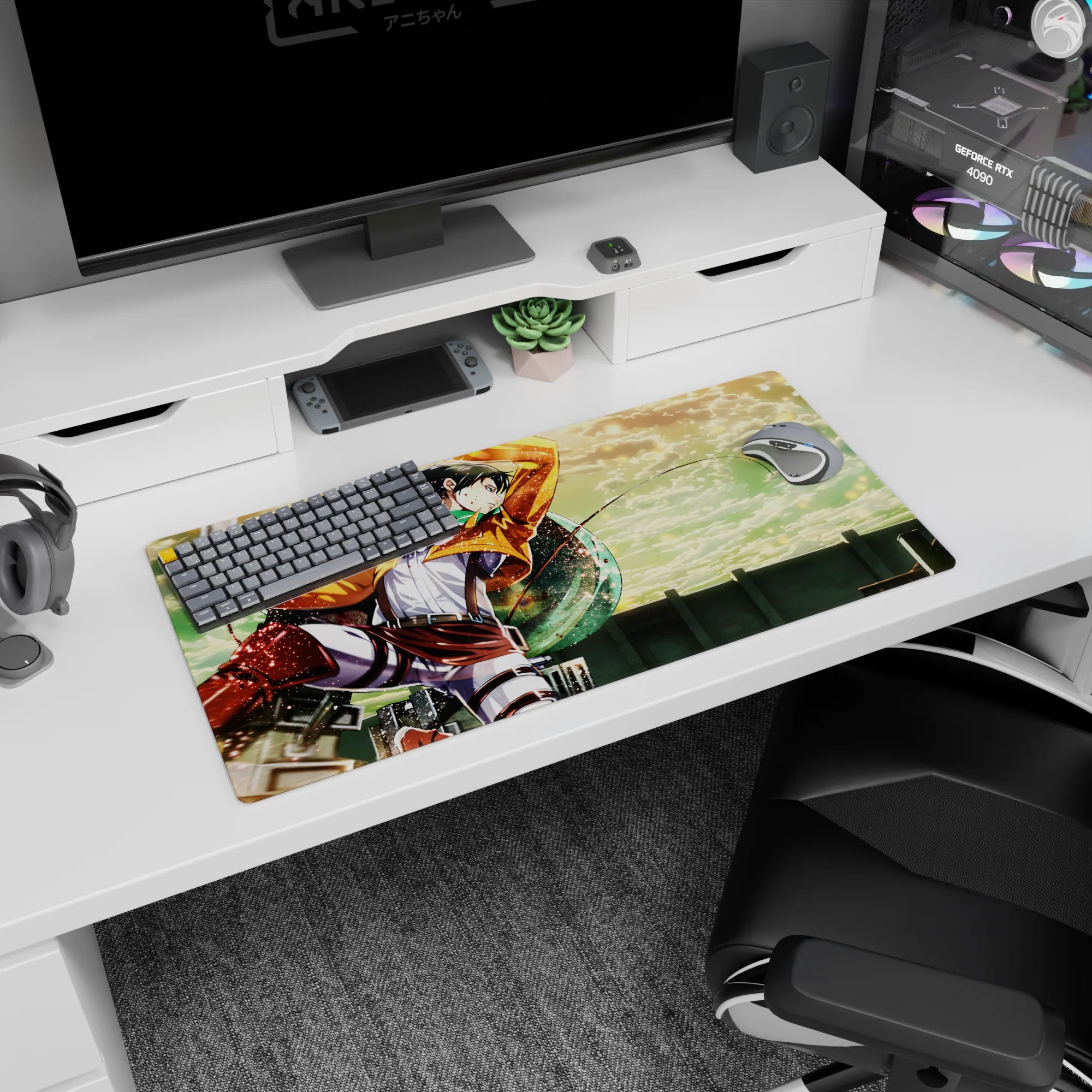 Attack on Titan mouse pad featuring Levi flying through vibrant sky, 32x16 inches; perfect for adding action to your desk.