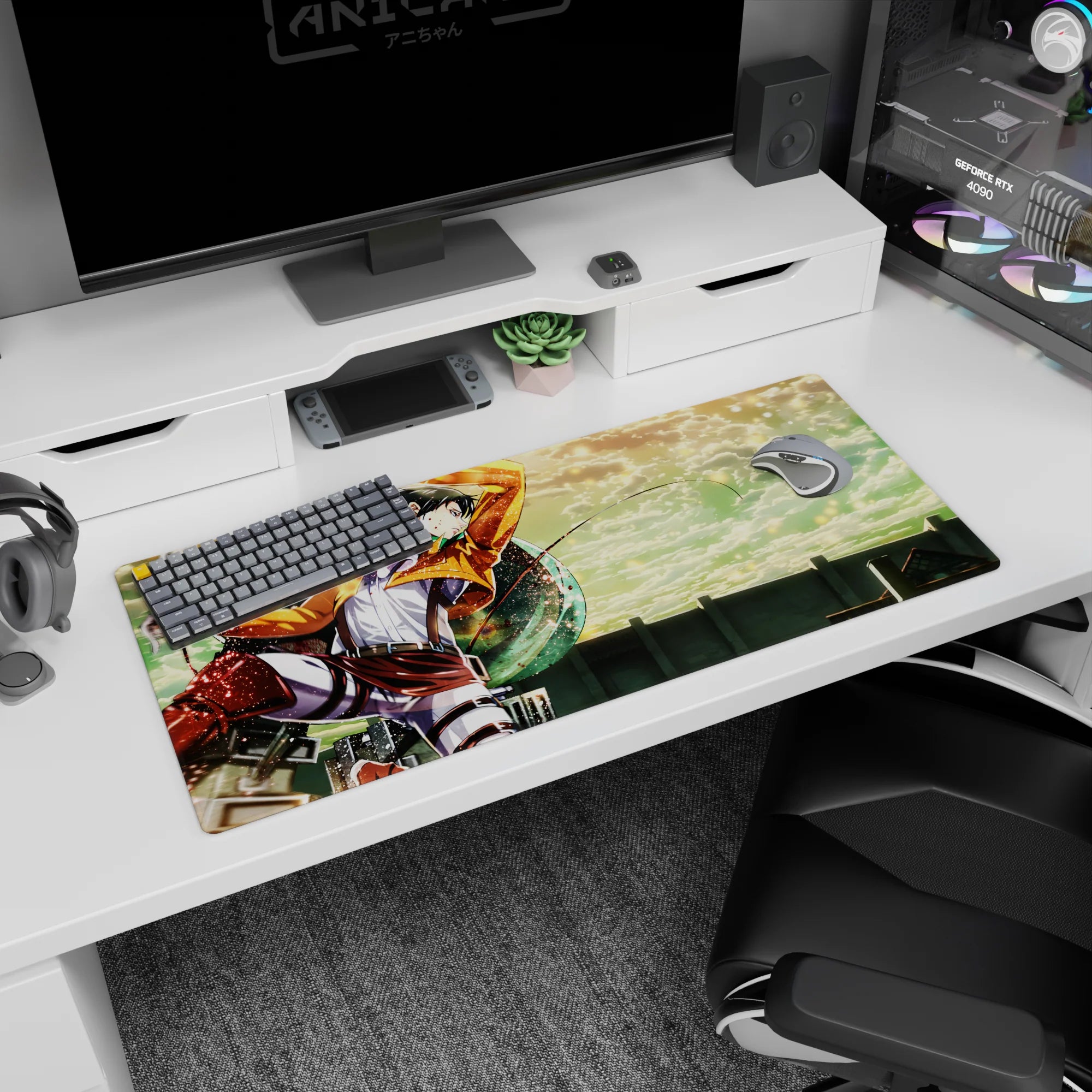 Attack on Titan anime desk pad 36x16 inches featuring Levi flying through golden clouds, vibrant sky, and dynamic action.