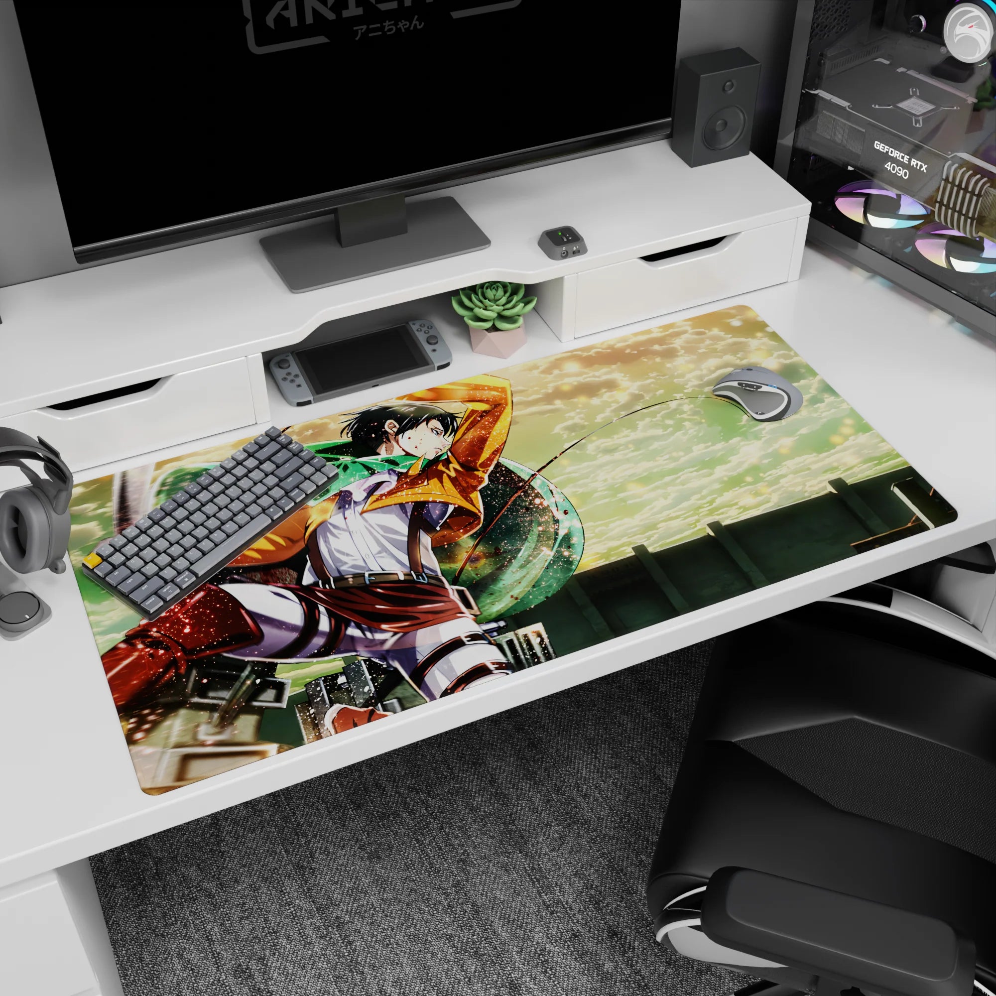 Attack on Titan desk pad 40x20 inches featuring Levi soaring through golden clouds, vibrant sky, and dynamic colors.
