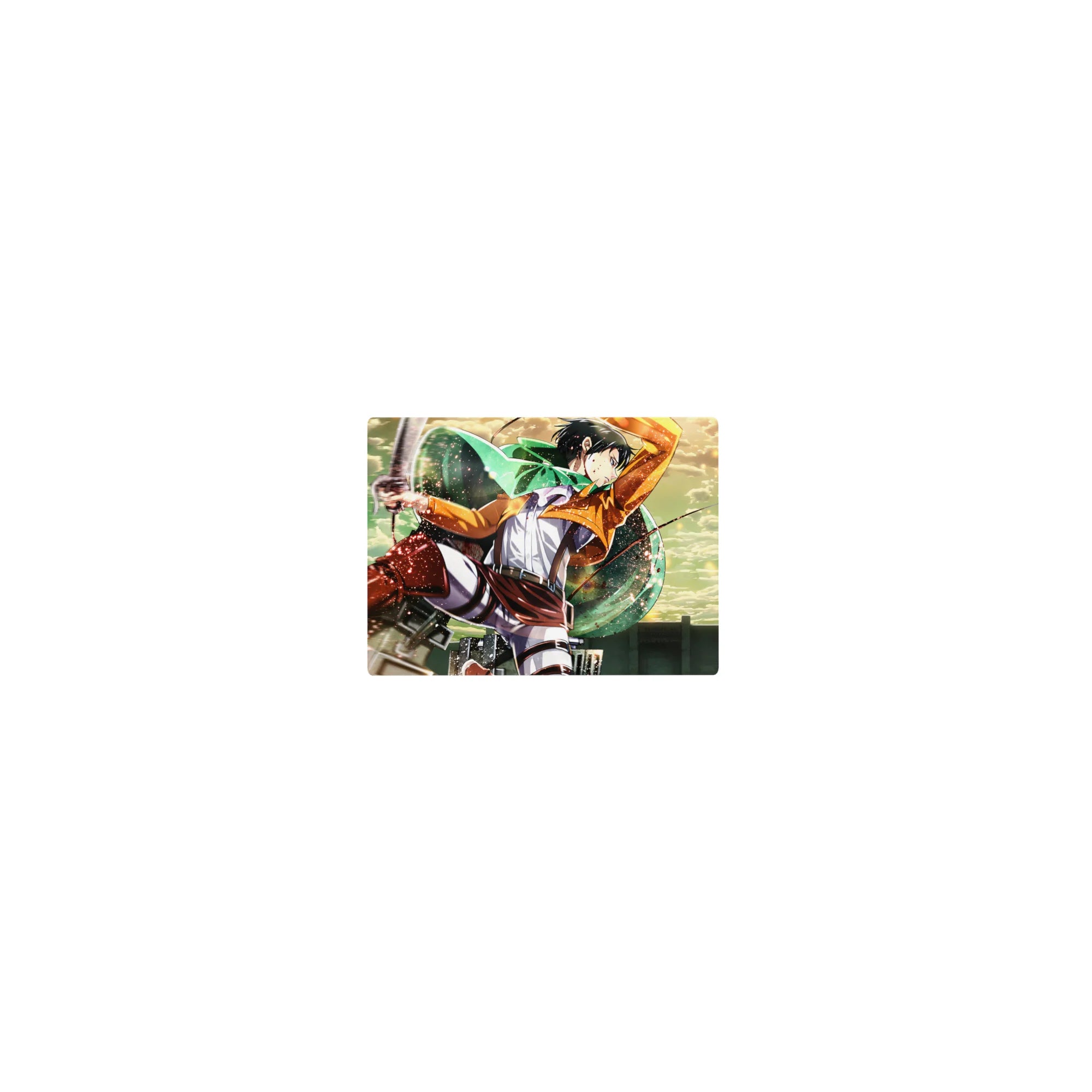 Attack on Titan anime mouse pad featuring Levi flying against a vibrant sky, size 14x10 inches, dynamic and colorful.