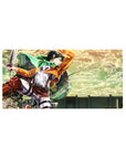 Anime mouse pad featuring Levi from Attack on Titan, 32x16 inches, flying through vibrant sky with golden clouds.