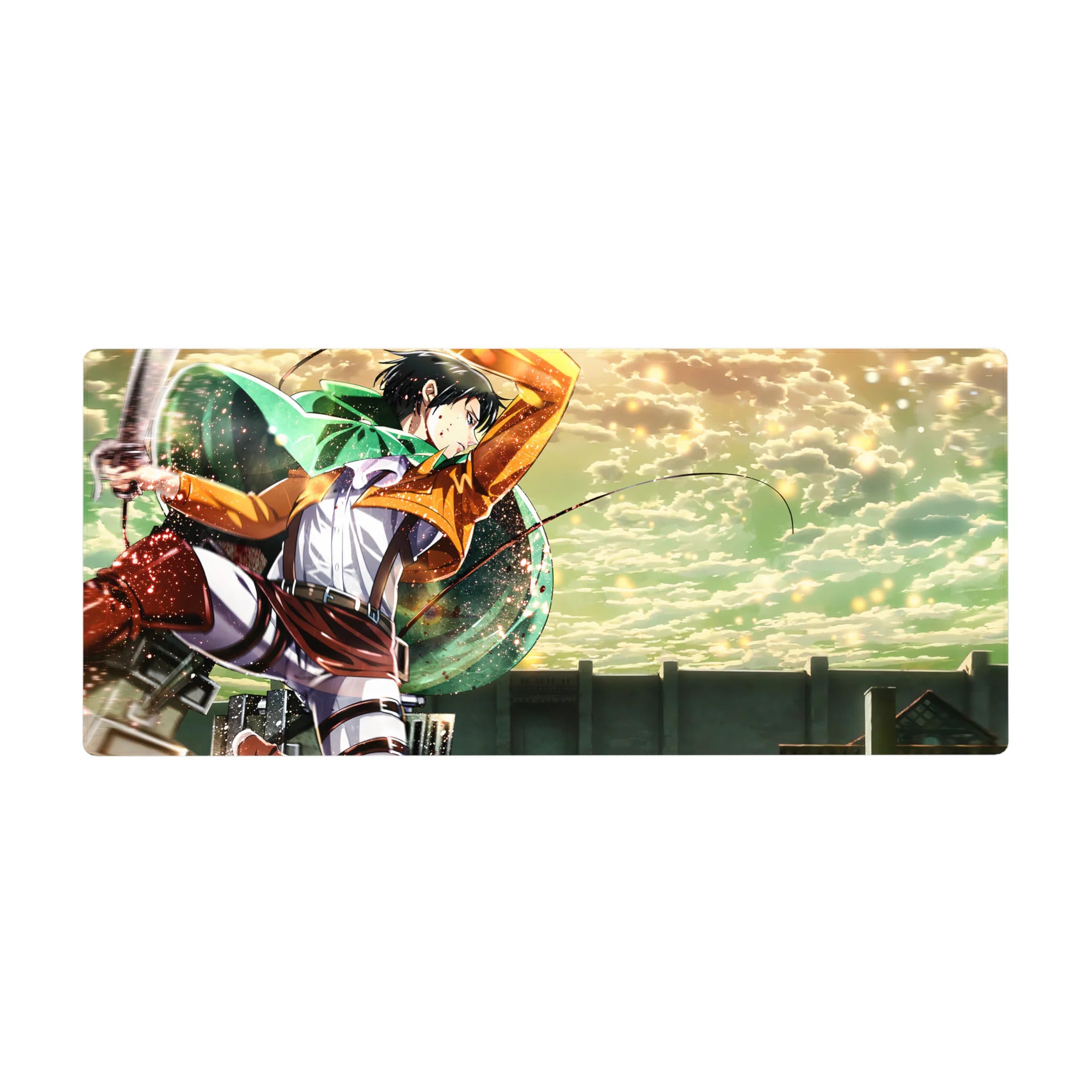 Attack on Titan desk pad 36x16 inches featuring Levi soaring through vibrant skies with dynamic colors and energy.