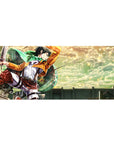 Attack on Titan desk pad 36x16 inches featuring Levi soaring through vibrant skies with dynamic colors and energy.
