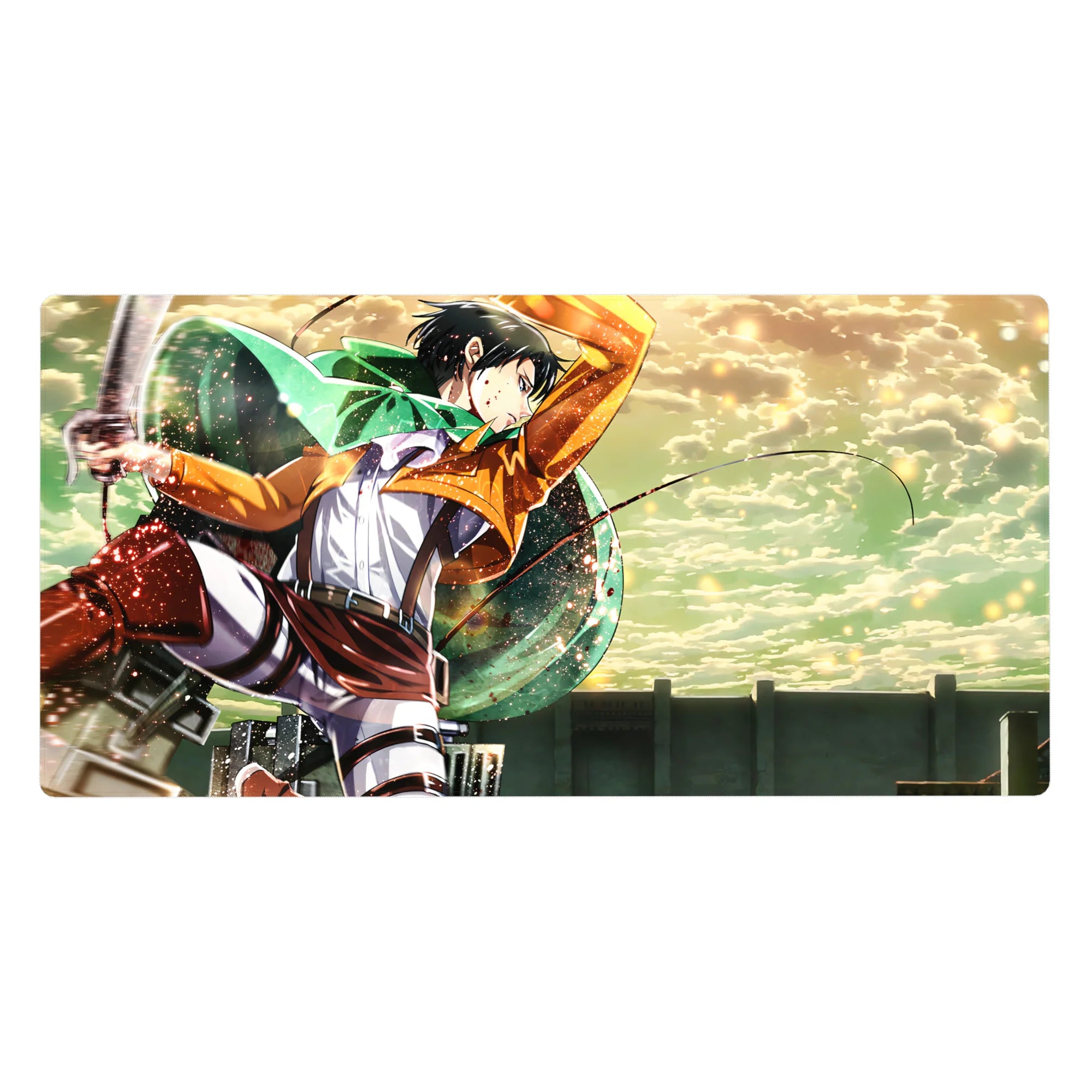Anime desk pad featuring Levi from Attack on Titan, 40x20 inches, with vibrant sky and dynamic motion through golden clouds.