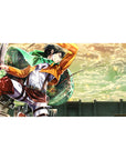 Anime desk pad featuring Levi from Attack on Titan, 40x20 inches, with vibrant sky and dynamic motion through golden clouds.