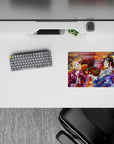 14x10 inches anime girl mouse pad in pink petals, lantern gold, koi red, with purple and teal accents.