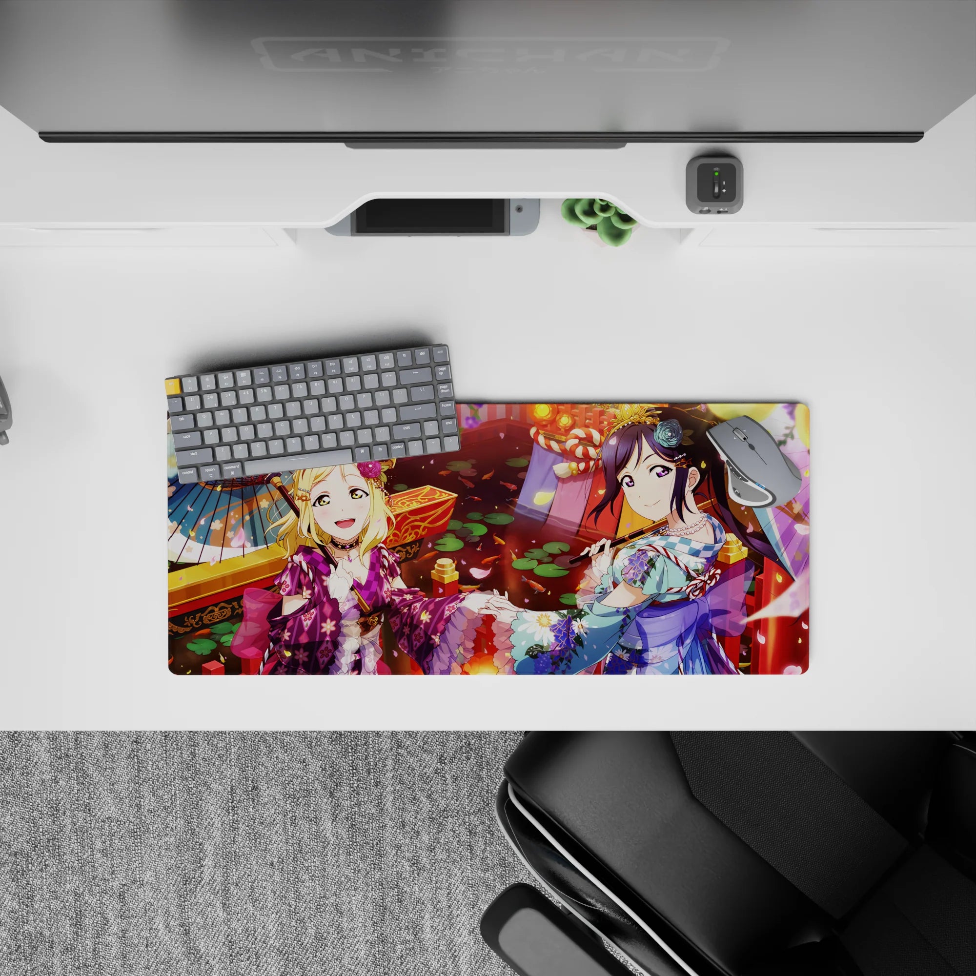 28x12 inches anime girl mouse pad in warm pink petals, purple-teal accents, and cozy festival glow.