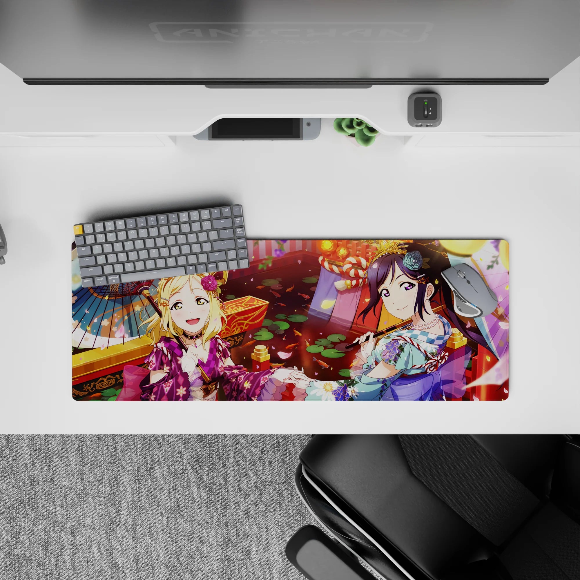 32x12 inches anime girl mouse pad in warm lantern golds, pink petals, koi reds, with teal and purple pops.