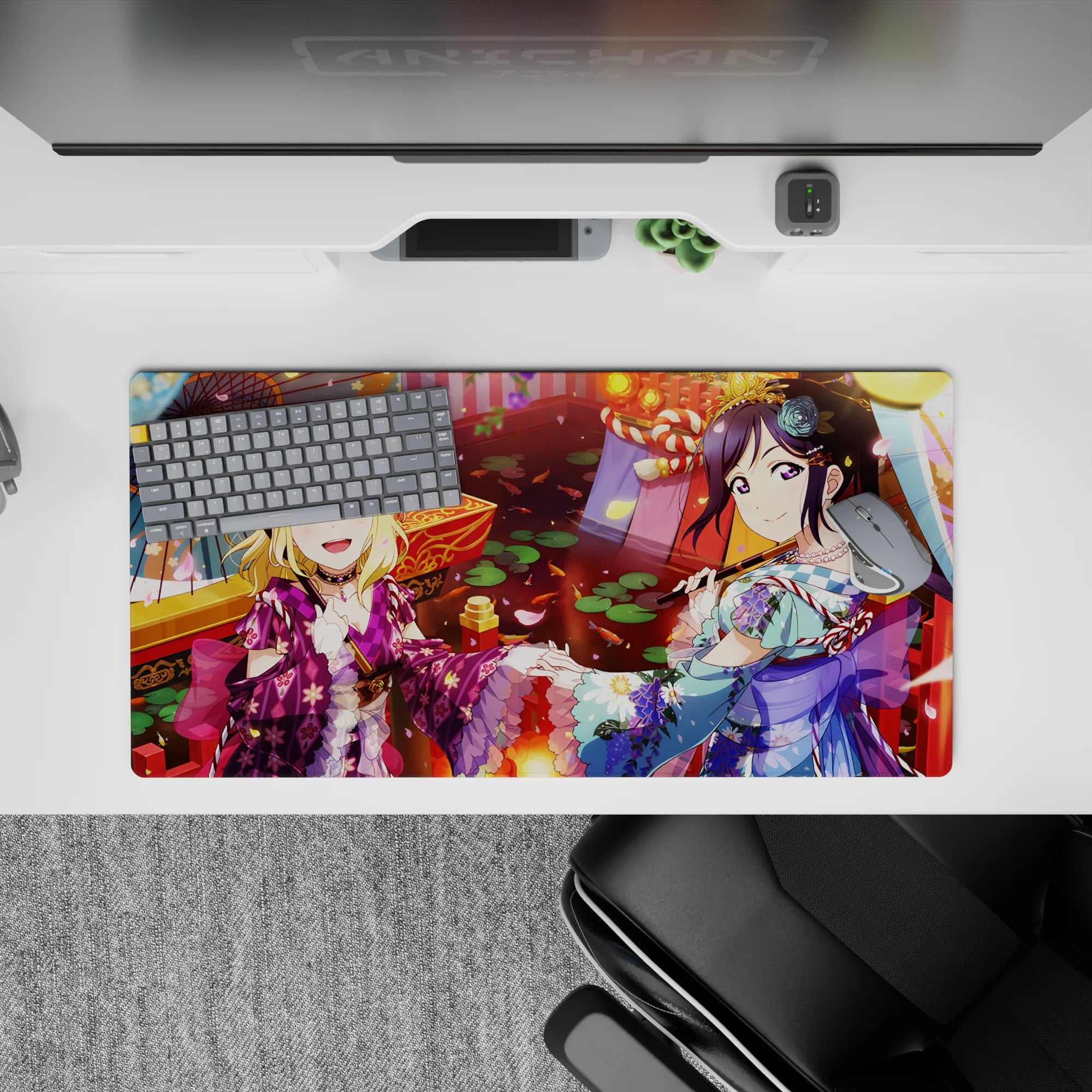 Festival-glow anime girl mouse pad 32x16 inches in pink petals, purple-teal accents, warm sweet tones.