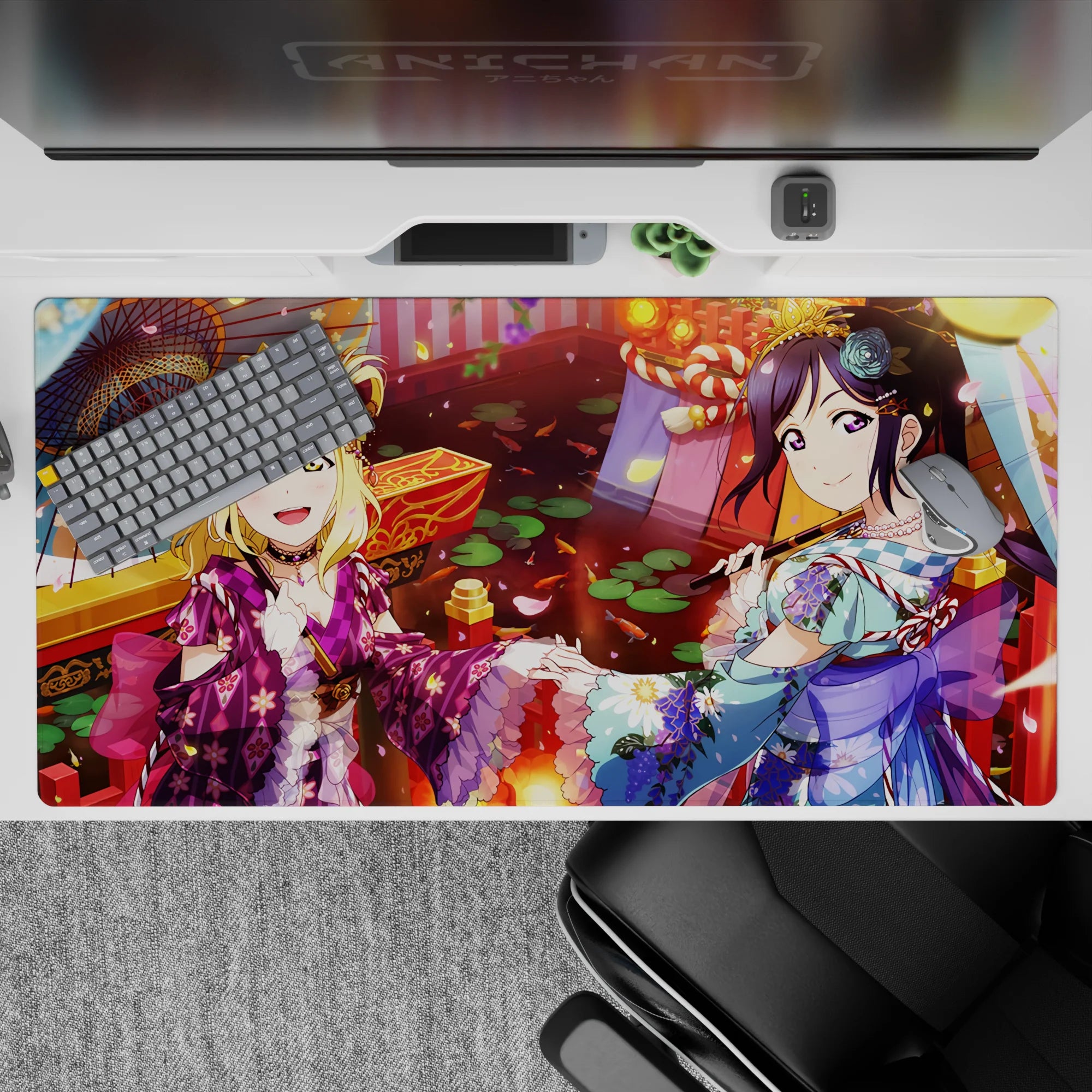 40x20 inches anime girl mouse pad in warm lantern gold, pink petals, koi red, with teal and purple accents.