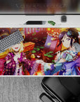 40x20 inches anime girl mouse pad in warm lantern gold, pink petals, koi red, with teal and purple accents.