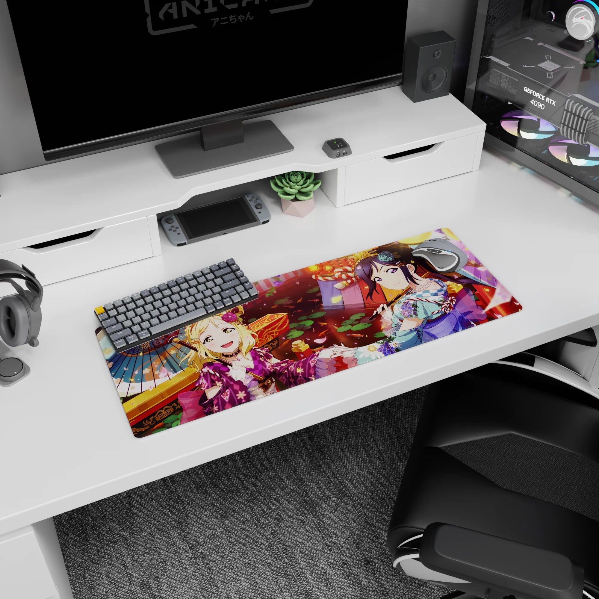 32x12 inches Love Live! Sunshine!! mouse pad featuring Mari Ohara and Dia Kurosawa smiling in a festival scene.