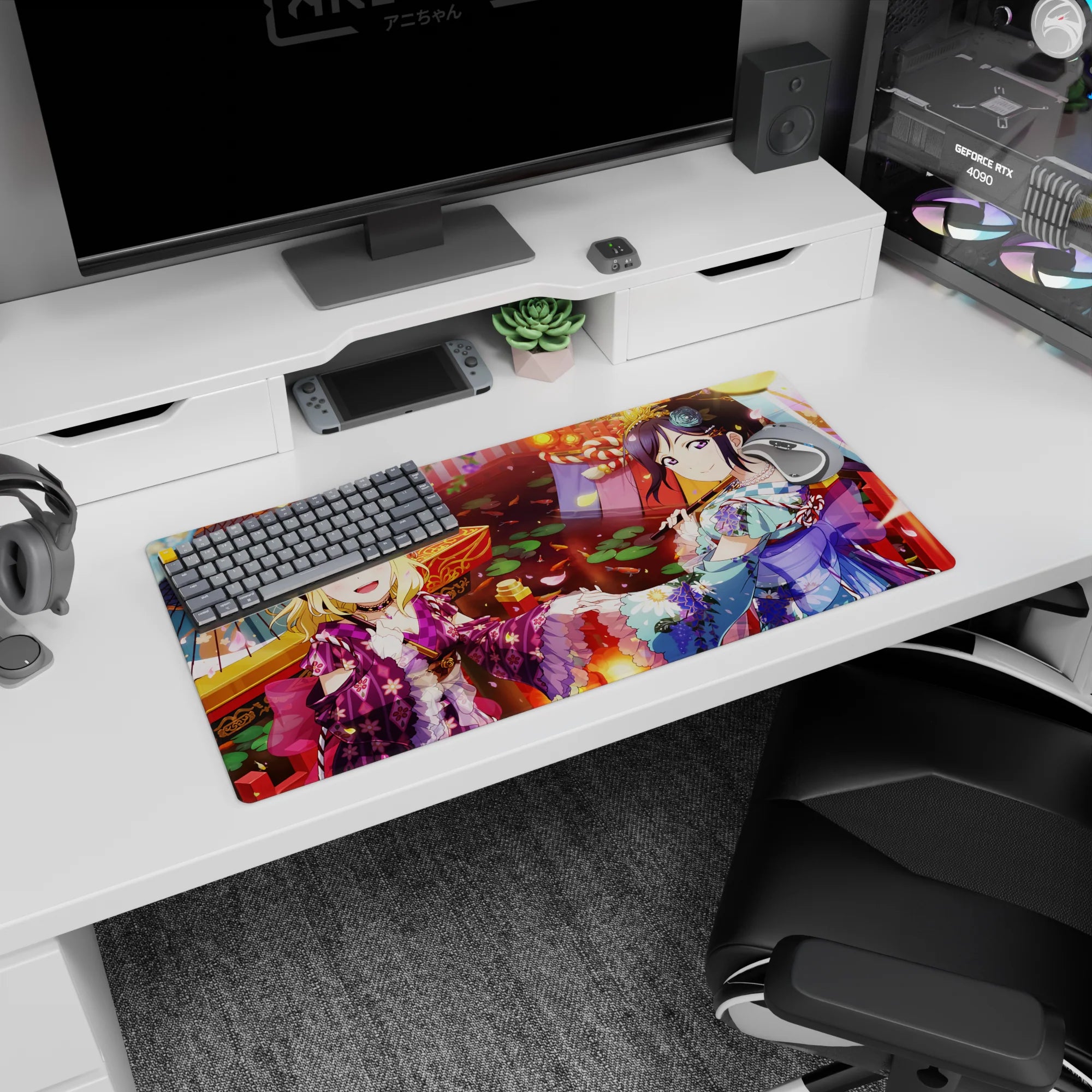 Love Live! Sunshine!! Mari Ohara and Dia Kurosawa anime girl mouse pad 32x16 inches by lanterns and petals.
