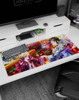 36x16 inches Love Live! Sunshine!! desk pad featuring Mari Ohara and Dia Kurosawa by a koi pond.