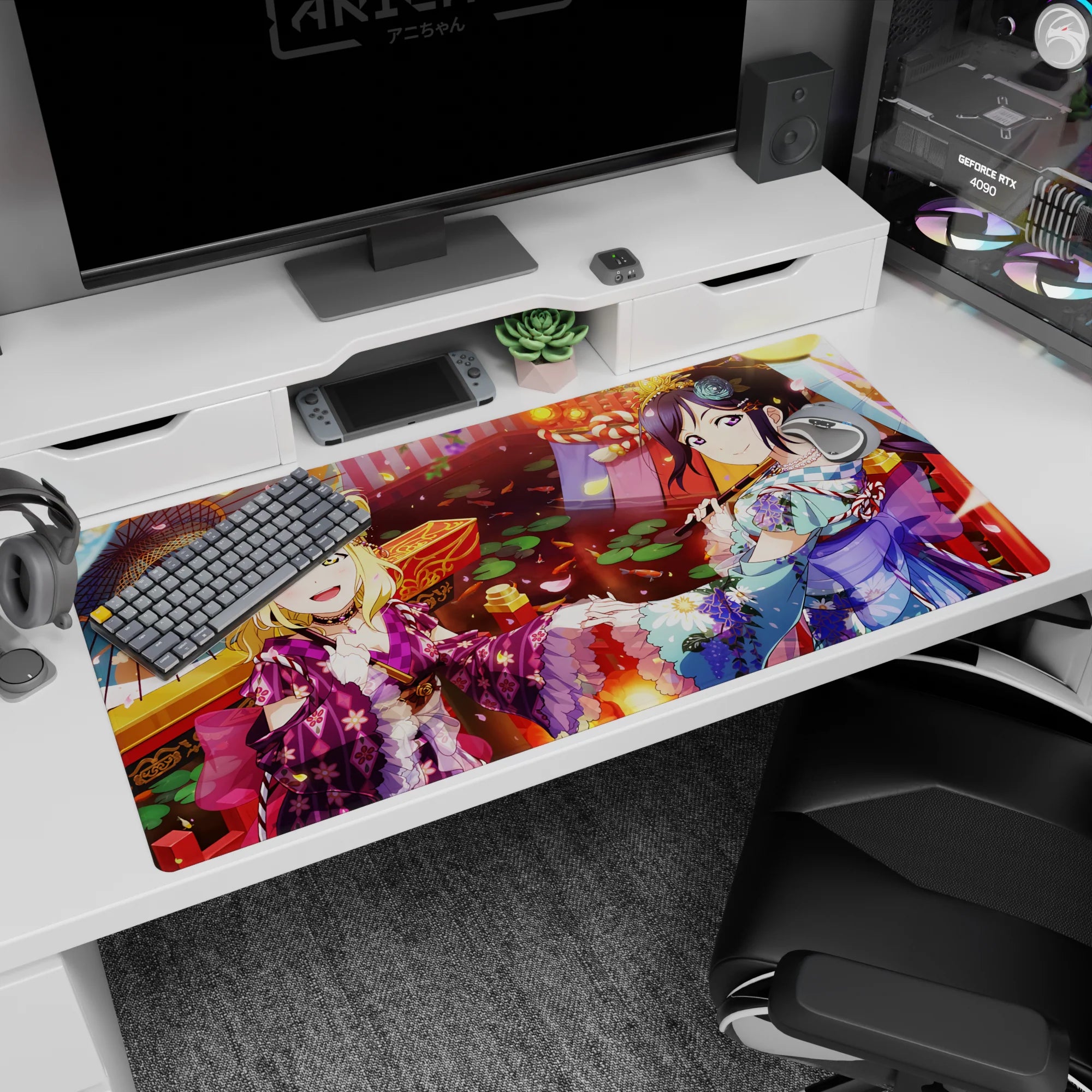 40x20 inches Love Live! Sunshine!! desk pad featuring Mari Ohara and Dia Kurosawa smiling at a festival.