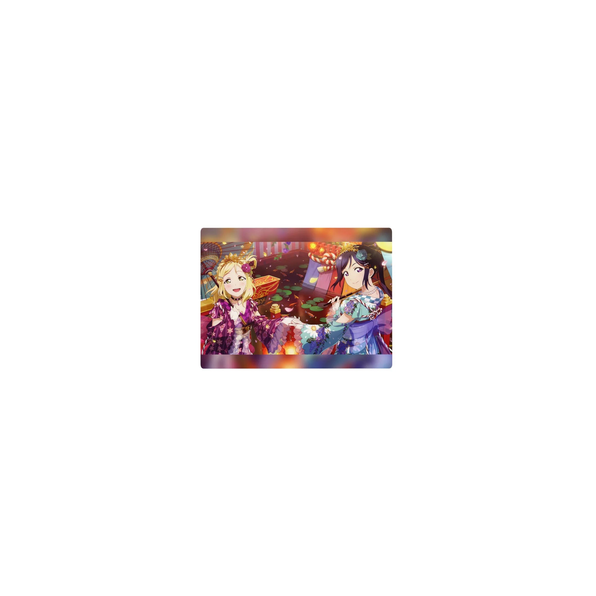 Classic anime girl mouse pad 14x10 inches with Mari Ohara and Dia Kurosawa in yukata, petals and lanterns.