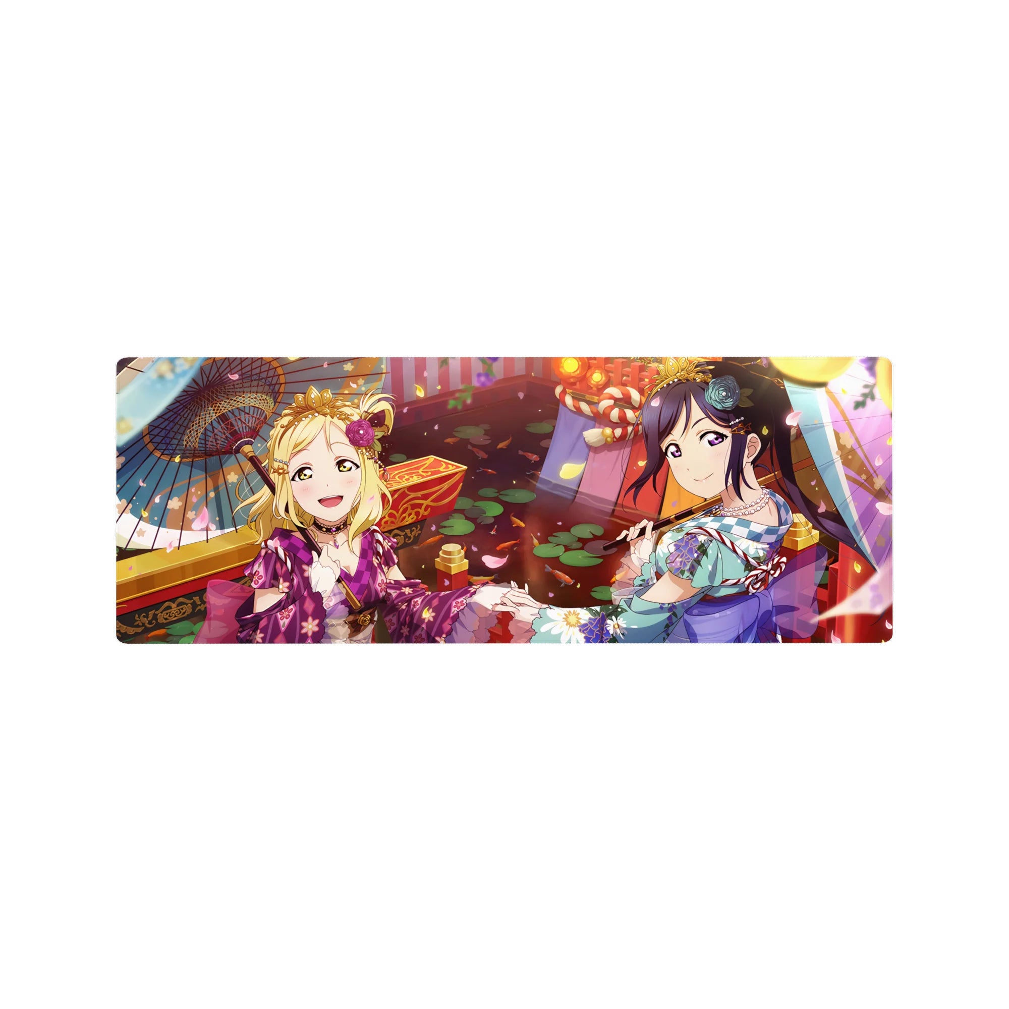 32x12 inches anime girl mouse pad with festival lanterns, drifting petals, koi reds, and yukata patterns.