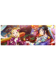 32x12 inches anime girl mouse pad with festival lanterns, drifting petals, koi reds, and yukata patterns.