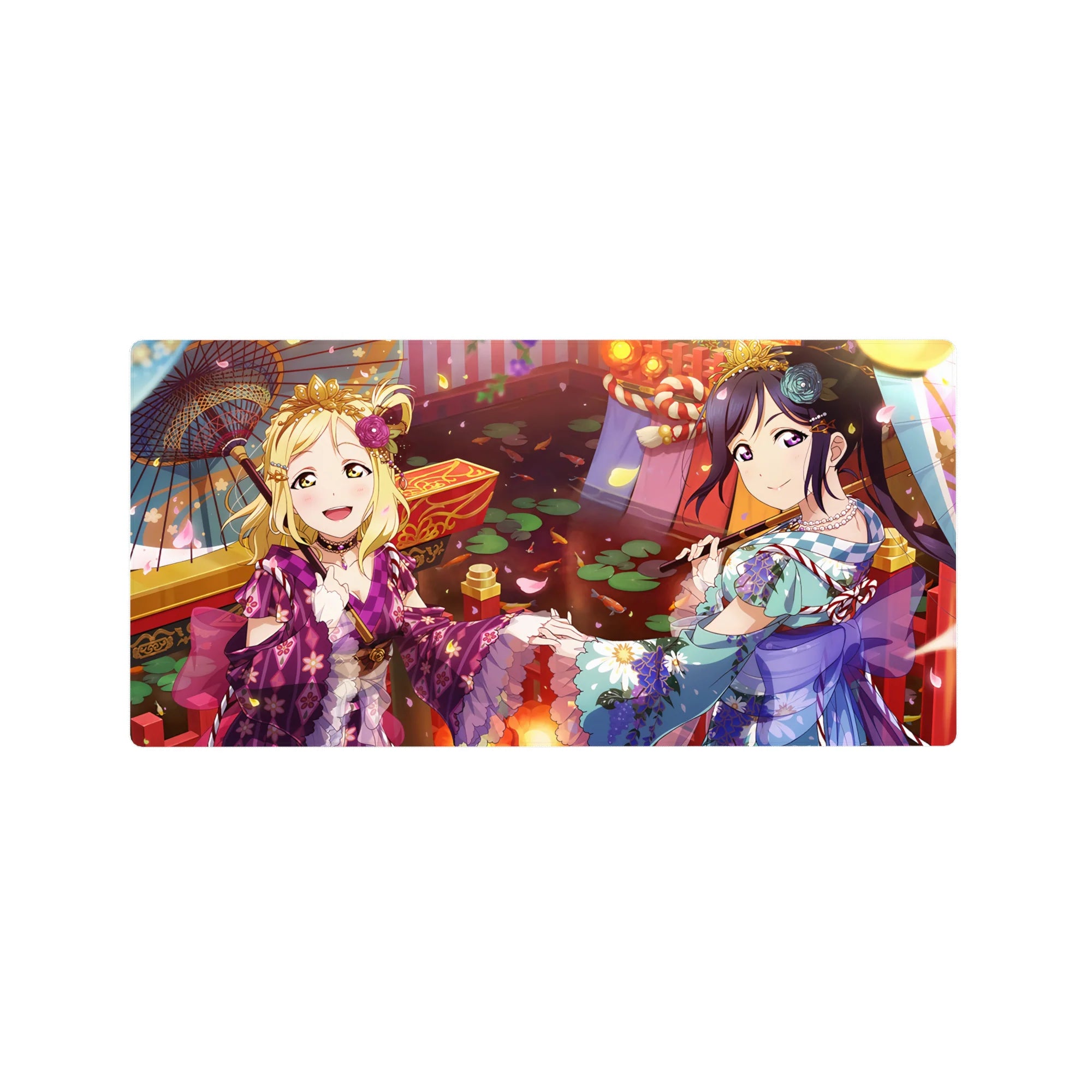 Anime girl mouse pad 32x16 inches with yukata patterns, drifting petals, lantern gold and koi pond motifs.