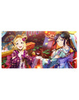 Anime girl mouse pad 32x16 inches with yukata patterns, drifting petals, lantern gold and koi pond motifs.
