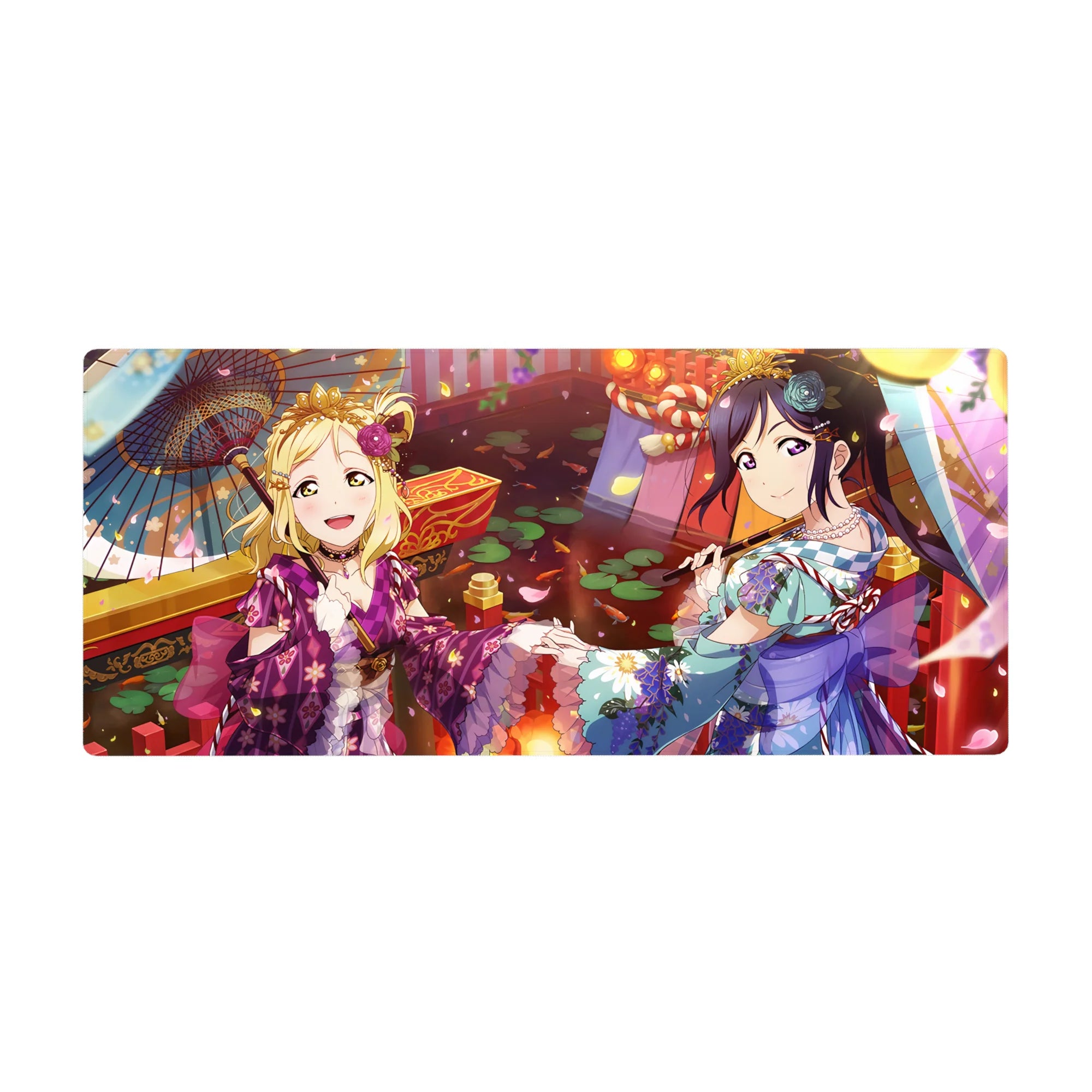 36x16 inches anime girl desk pad with festival lanterns, drifting petals, and yukata patterns.