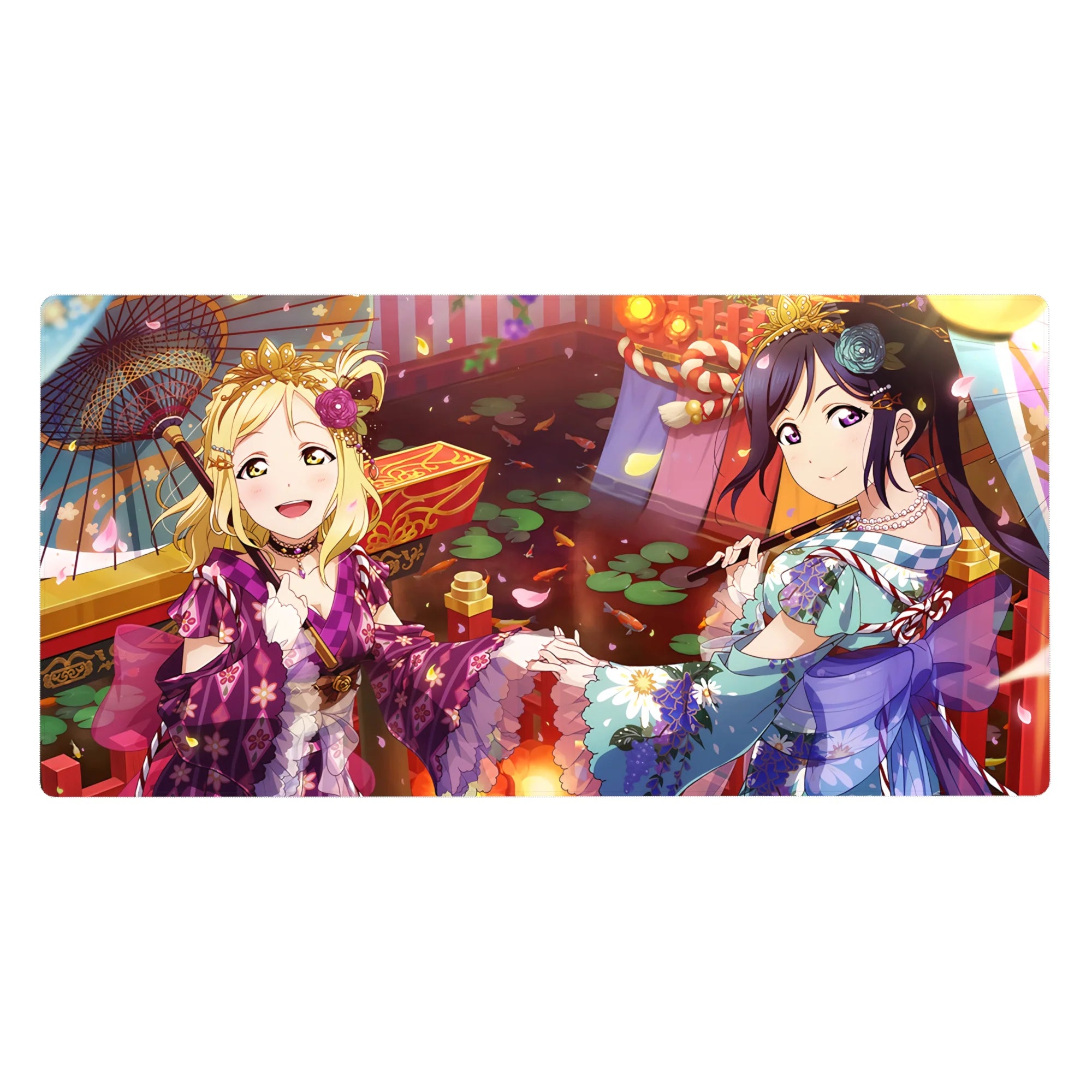 40x20 inches anime girl desk pad with festival lanterns, koi pond reds, petals, and yukata patterns.
