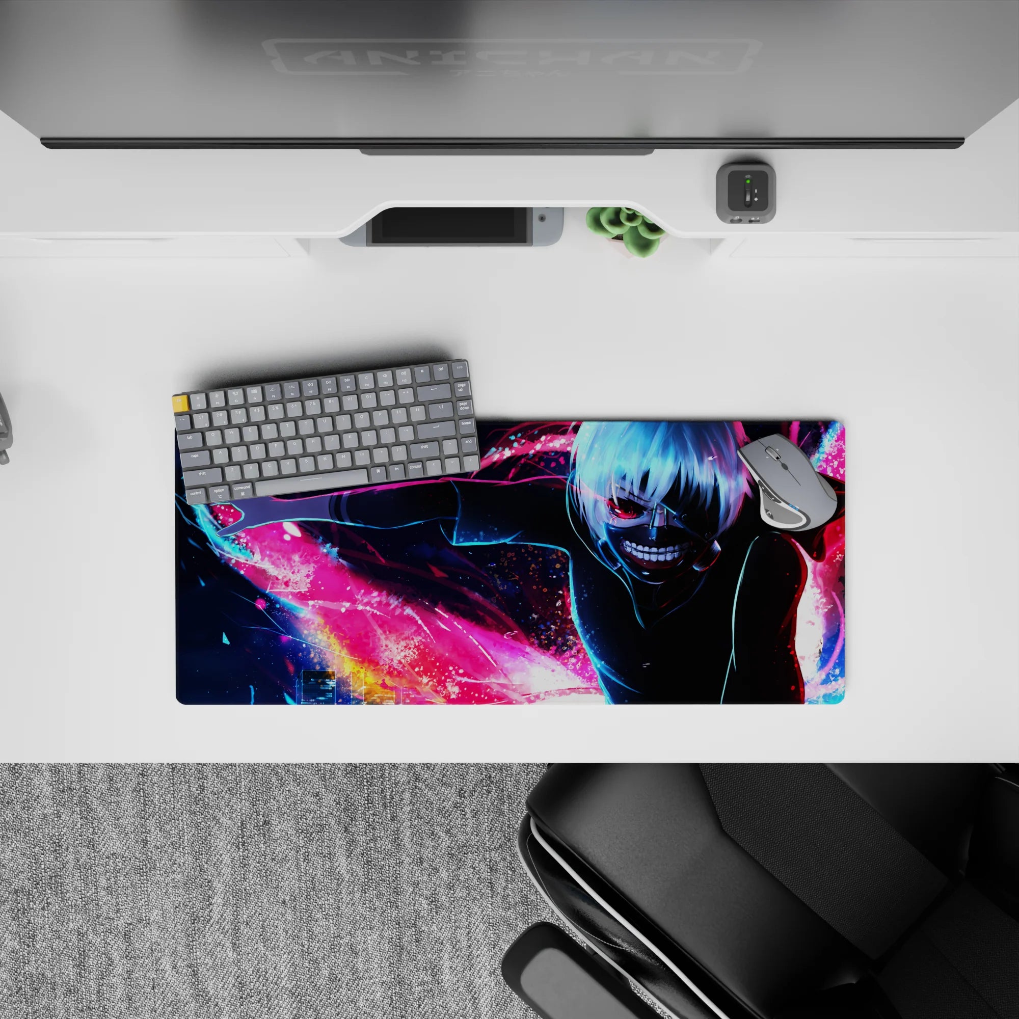Kaneki from Tokyo Ghoul on 28x12 inch mouse pad with kagune in neon hues, sharp shadows, and vibrant cityscape.