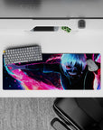 Kaneki from Tokyo Ghoul anime on 32x12 inch mouse pad, showcasing his kagune in vibrant pink, blue, and red against a cityscape.