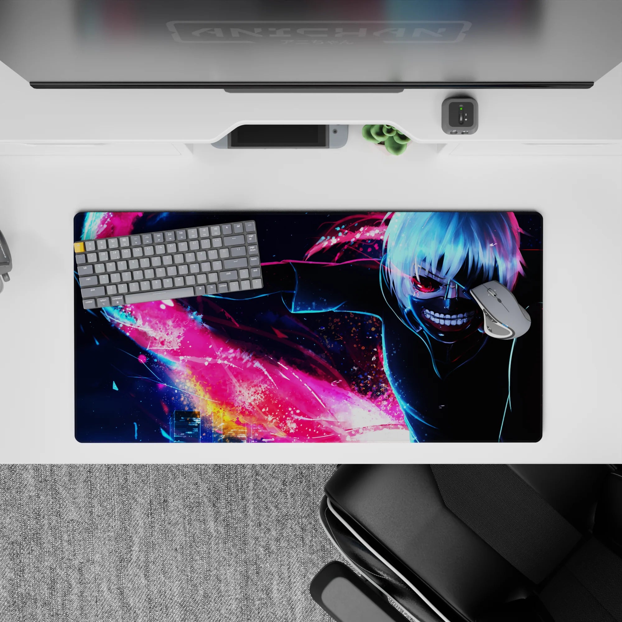 Anime mouse pad 32x16 inches featuring Kaneki from Tokyo Ghoul with vibrant colors, kagune arcs, and a night cityscape.