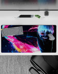Anime mouse pad 32x16 inches featuring Kaneki from Tokyo Ghoul with vibrant colors, kagune arcs, and a night cityscape.