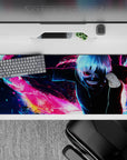 Kaneki mouse pad 36x16 inches featuring Tokyo Ghoul art with neon kagune, vibrant colors, and dark cityscape background.
