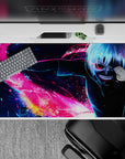 Tokyo Ghoul Kaneki anime desk pad, 40x20 inches, featuring Kaneki with kagune in neon hues, enhancing your workspace.