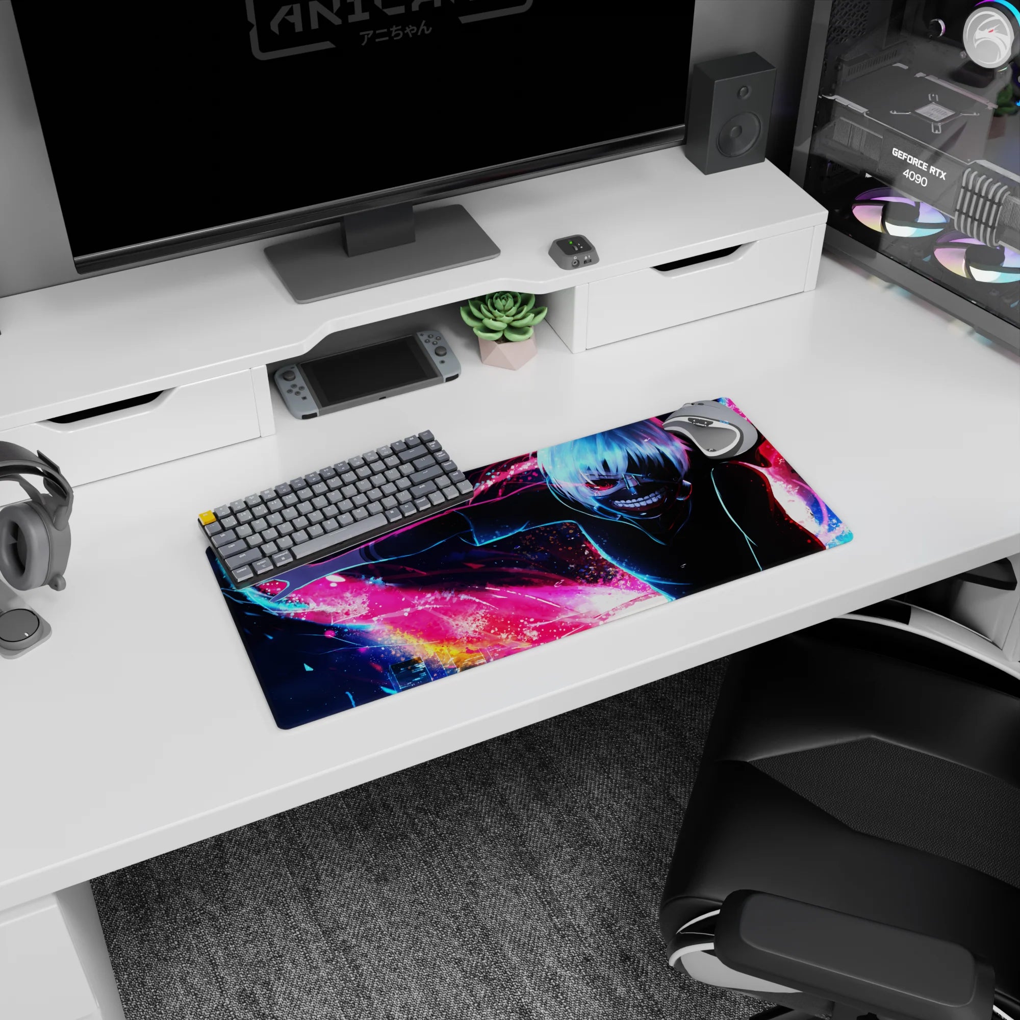 Kaneki from Tokyo Ghoul mouse pad, 28x12 inches, showing Kaneki&#39;s kagune in neon colors with a cityscape background.