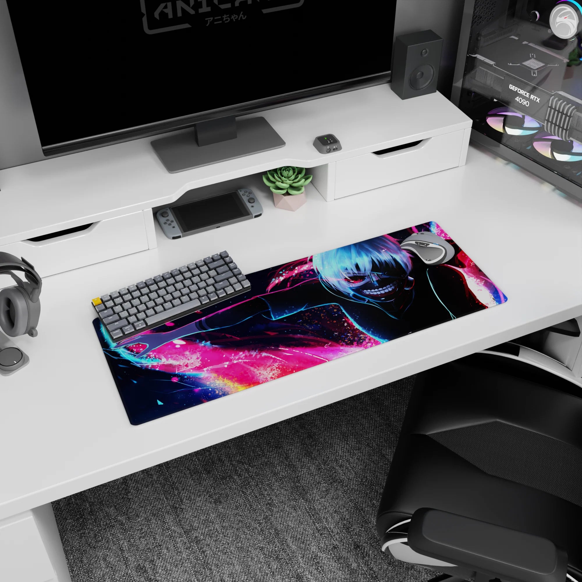 Kaneki from Tokyo Ghoul on 32x12 inch anime mouse pad, vibrant kagune in neon hues against dark cityscape for desks.