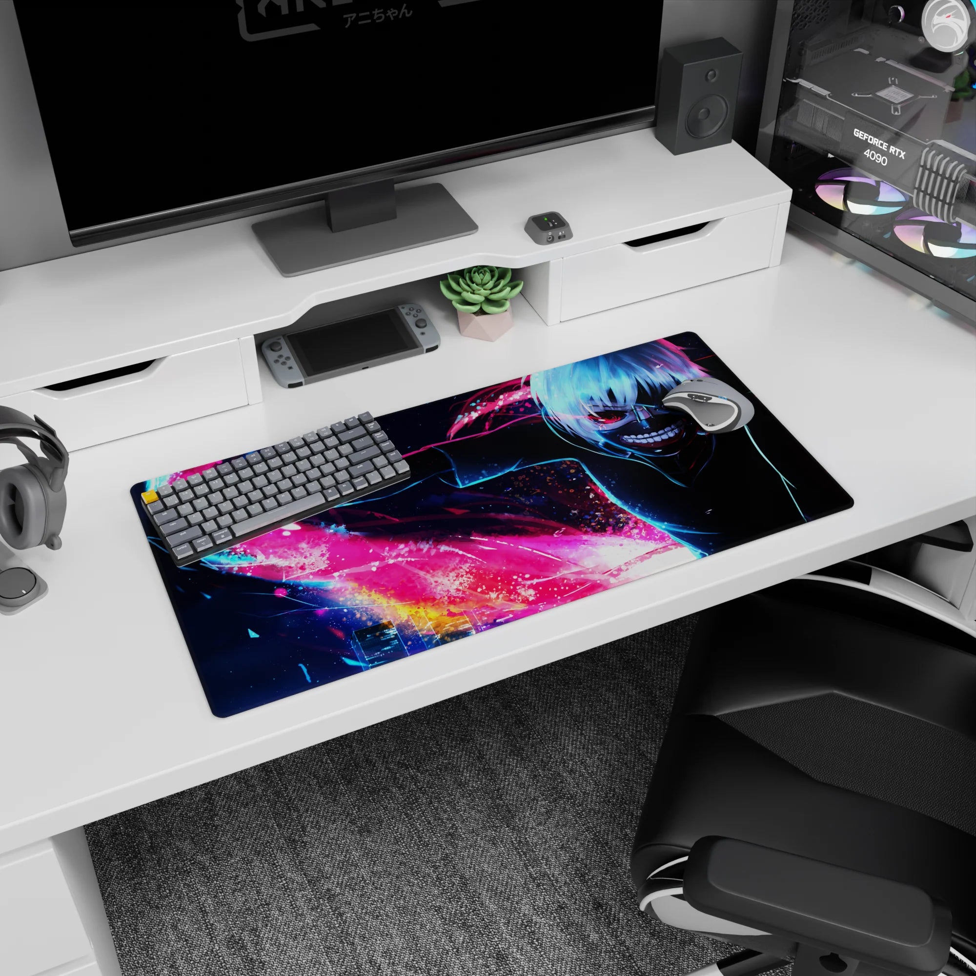 Anime mouse pad 32x16 inches featuring Kaneki from Tokyo Ghoul, showcasing vibrant neon hues and dynamic cityscape.