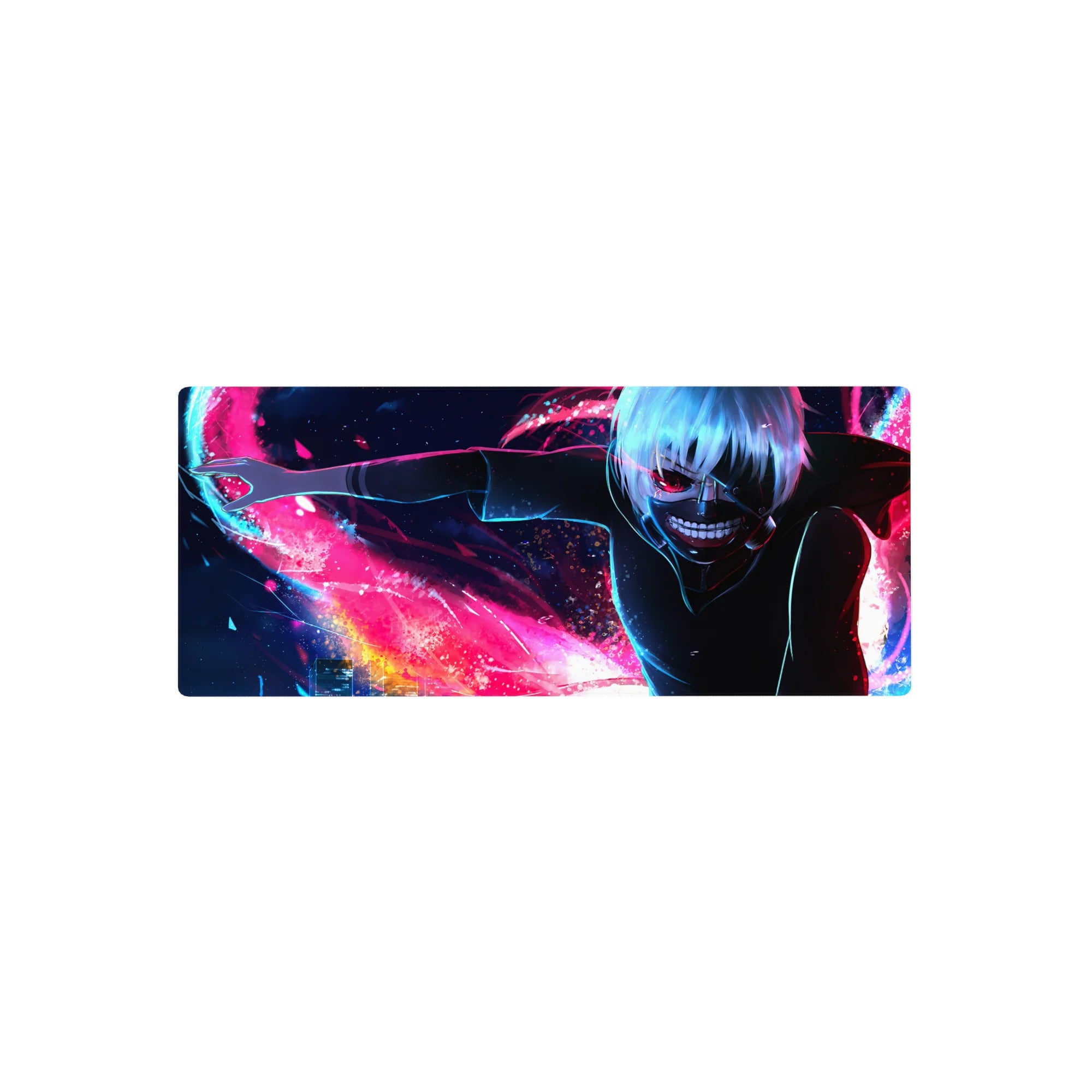 Kaneki from Tokyo Ghoul anime mouse pad, size 28x12 inches, with vibrant neon kagune, night cityscape, and intense colors.