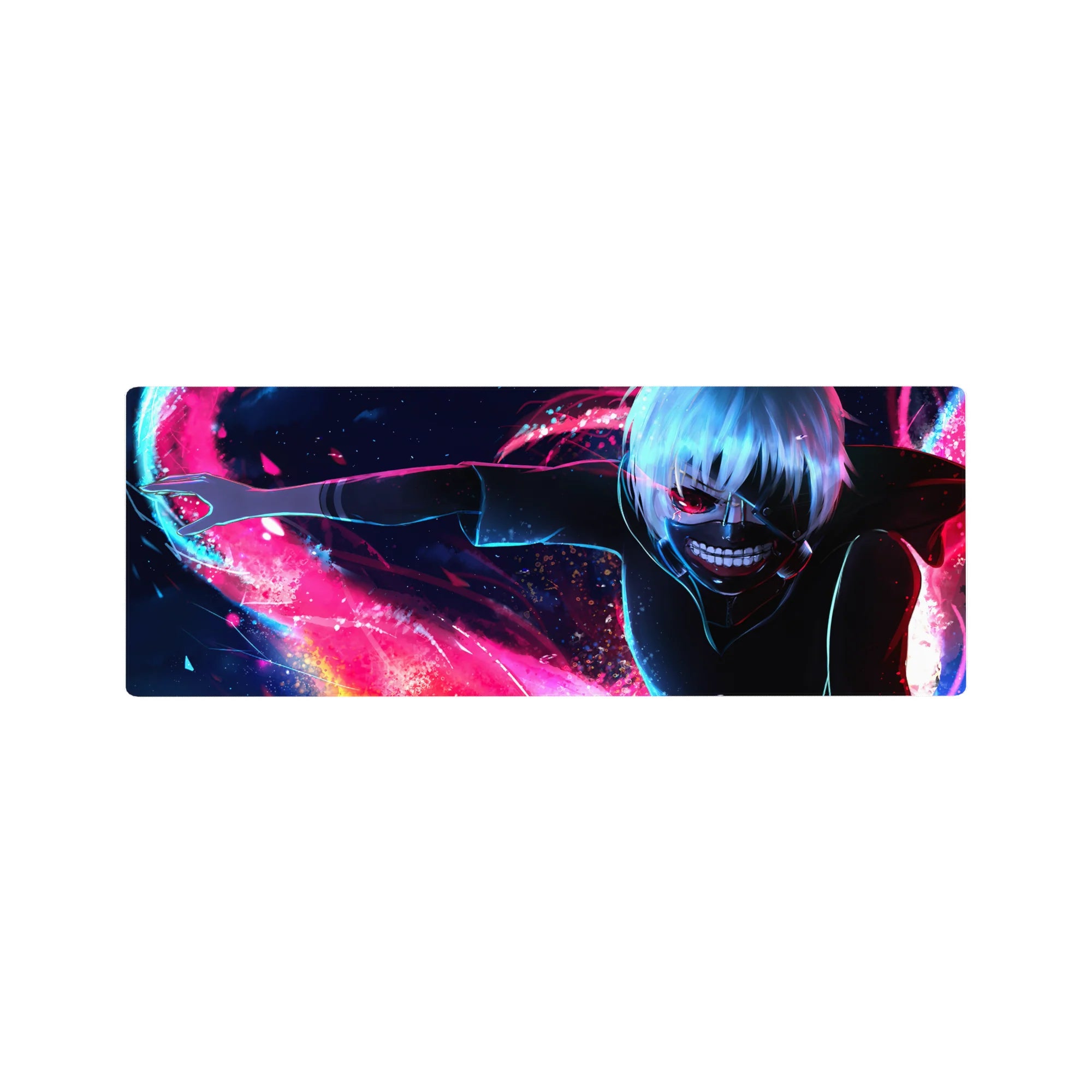 Tokyo Ghoul anime mouse pad, 32x12 inches, featuring Kaneki with kagune in neon hues, against a night cityscape.