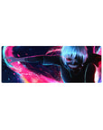 Tokyo Ghoul anime mouse pad, 32x12 inches, featuring Kaneki with kagune in neon hues, against a night cityscape.