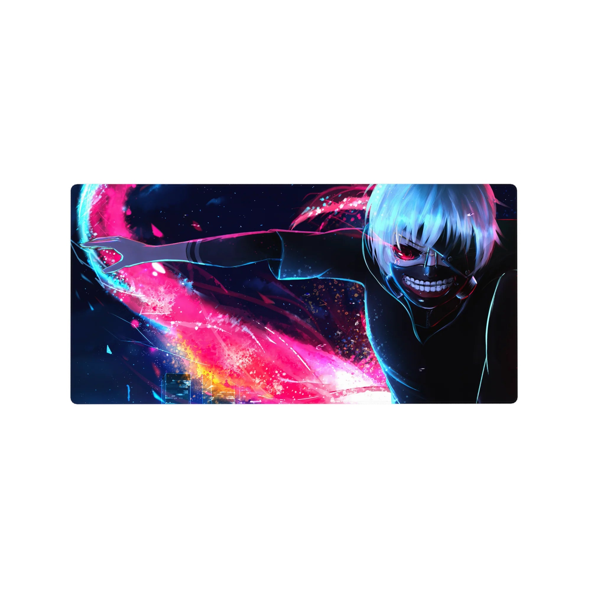 Kaneki from Tokyo Ghoul on a 32x16 inches mouse pad, featuring his kagune in neon hues, adds a badass touch to your desk.