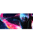 Kaneki from Tokyo Ghoul on a 36x16 inch anime mouse pad, featuring his kagune in neon colors against a cityscape backdrop.