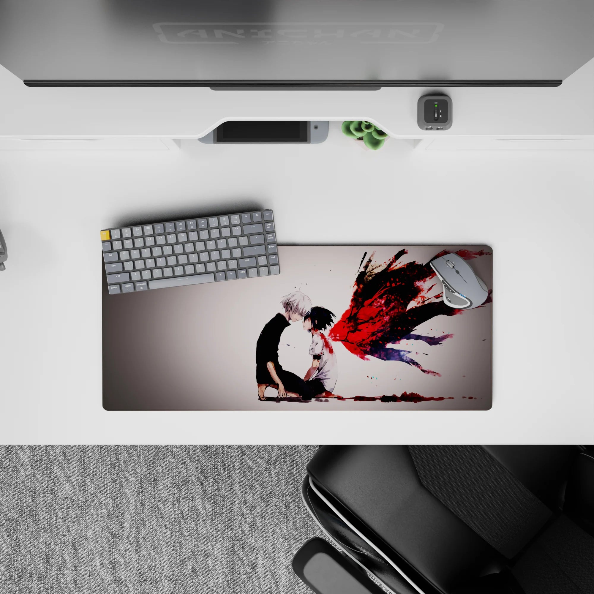 Anime mouse pad 28x12 inches featuring Kaneki and Touka from Tokyo Ghoul, with vivid kagune design, perfect for fans.