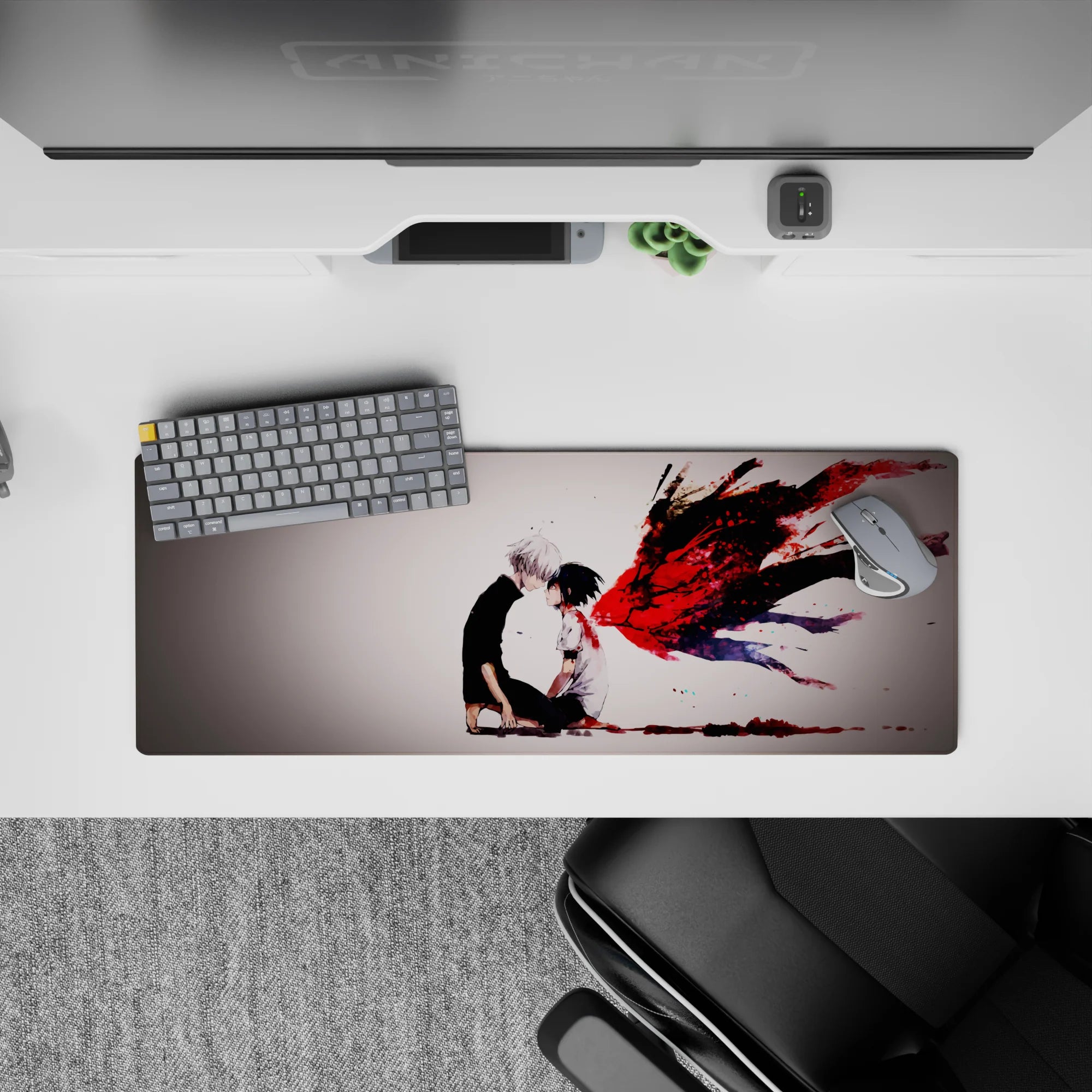 Anime mouse pad 32x12 inches featuring Kaneki and Touka from Tokyo Ghoul, intense and emotive with vivid kagune artwork.