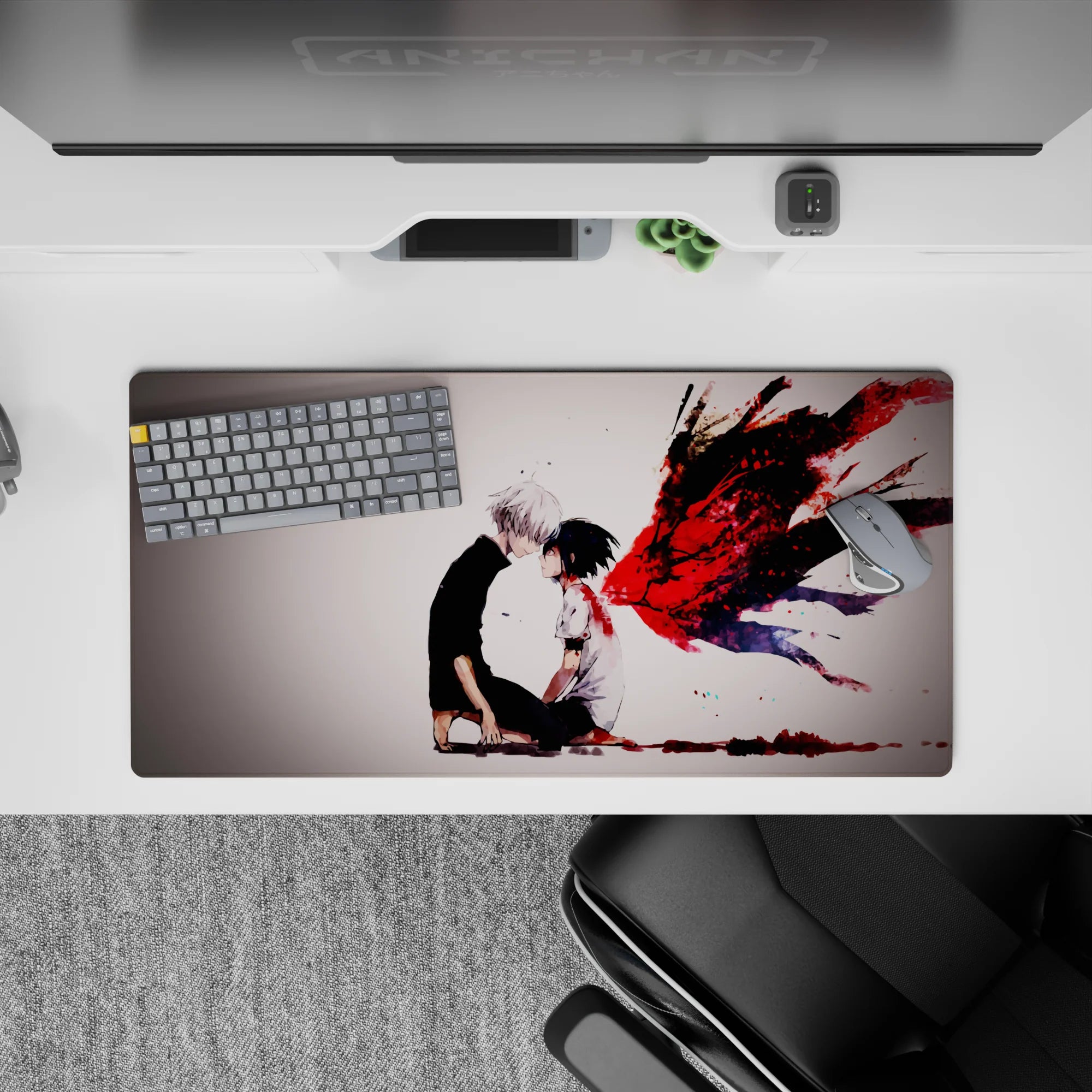 Anime mouse pad 32x16 inches featuring Kaneki and Touka from Tokyo Ghoul, intense scene with her kagune in crimson chaos.