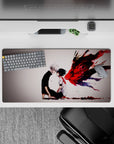Anime mouse pad 32x16 inches featuring Kaneki and Touka from Tokyo Ghoul, intense scene with her kagune in crimson chaos.