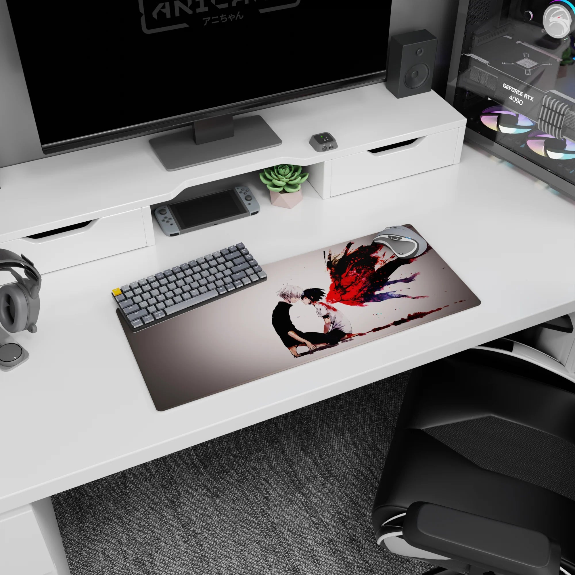 Kaneki and Touka from Tokyo Ghoul mouse pad, 28x12 inches, featuring intense crimson kagune and a dramatic scene.