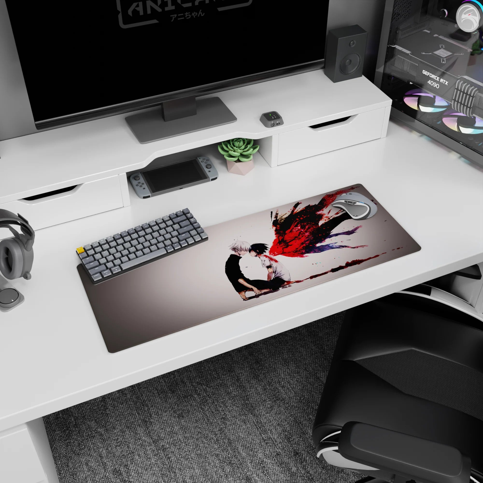 Anime mouse pad 32x12 inches featuring Kaneki and Touka from Tokyo Ghoul, with vibrant kagune and intense emotion.